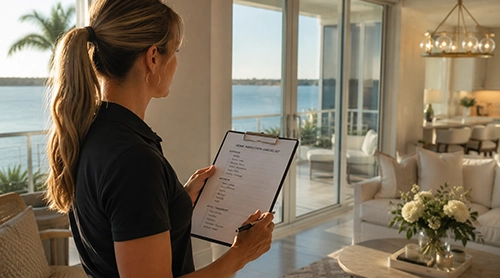 Concierge reviewing a home inspection checklist on a clipboard