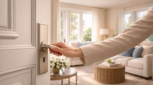Hand opening the front door of a bright home