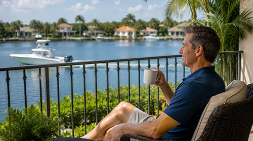 Man relaxing with coffee on a waterfront balcony overlooking Sarasota Bay