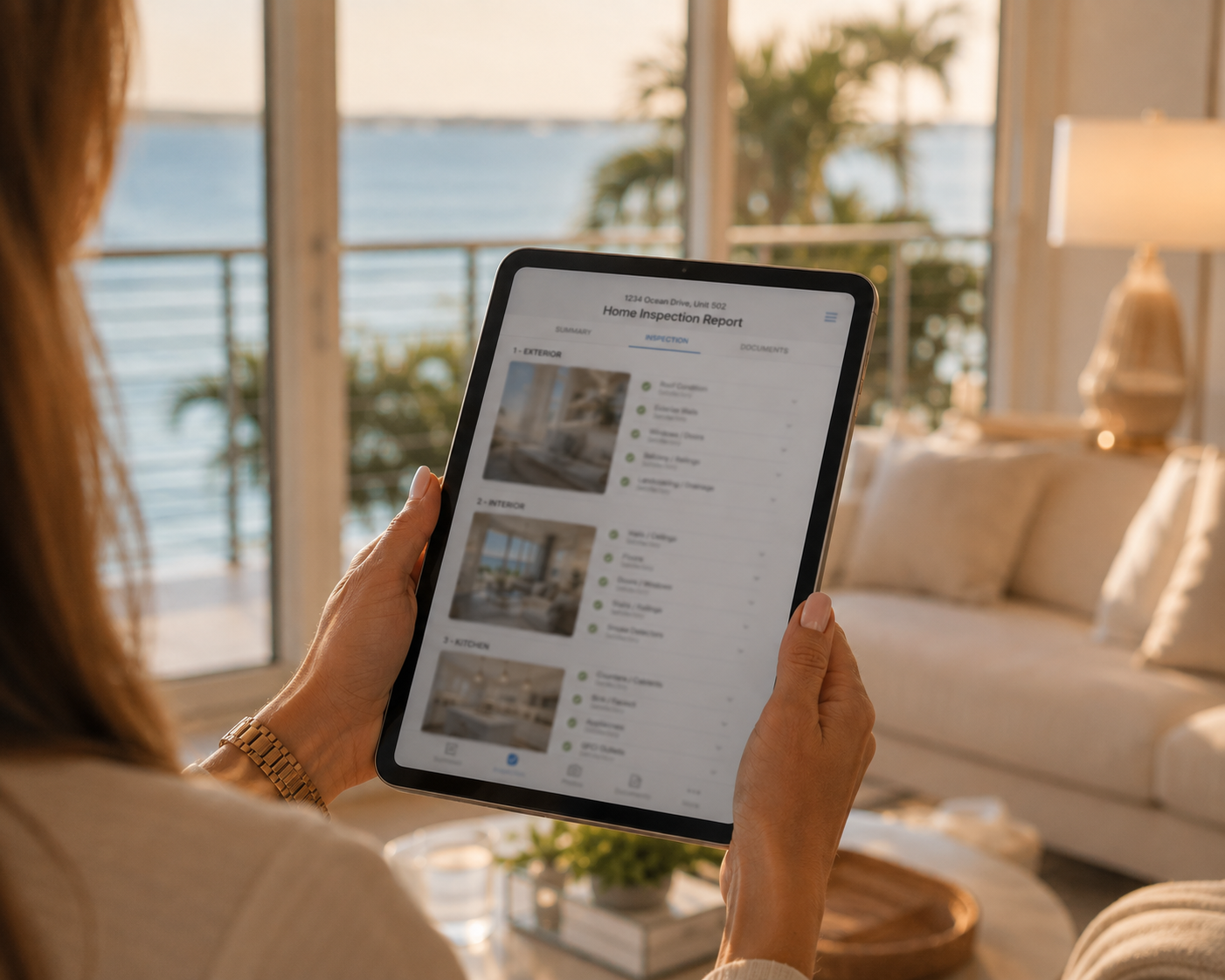Tablet displaying a detailed home inspection report in a waterfront condominium
