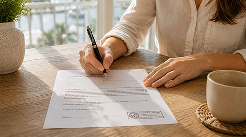 Person signing a notarized document at a table