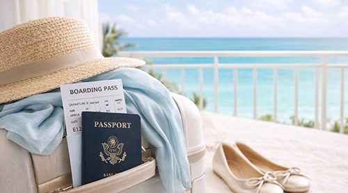 Passport, boarding pass, hat, and luggage with ocean view
