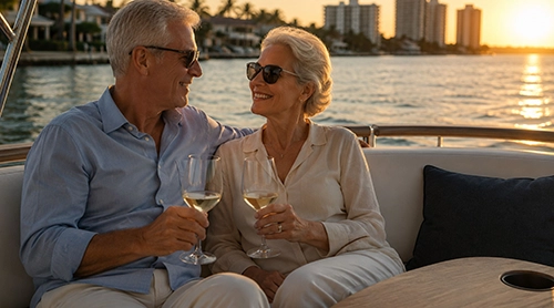 Couple enjoying wine on a boat at sunset