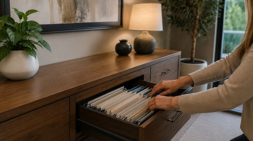Woman organizing files in a refined home drawer