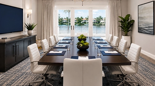 Elegant conference room with waterfront views for professional partner meetings