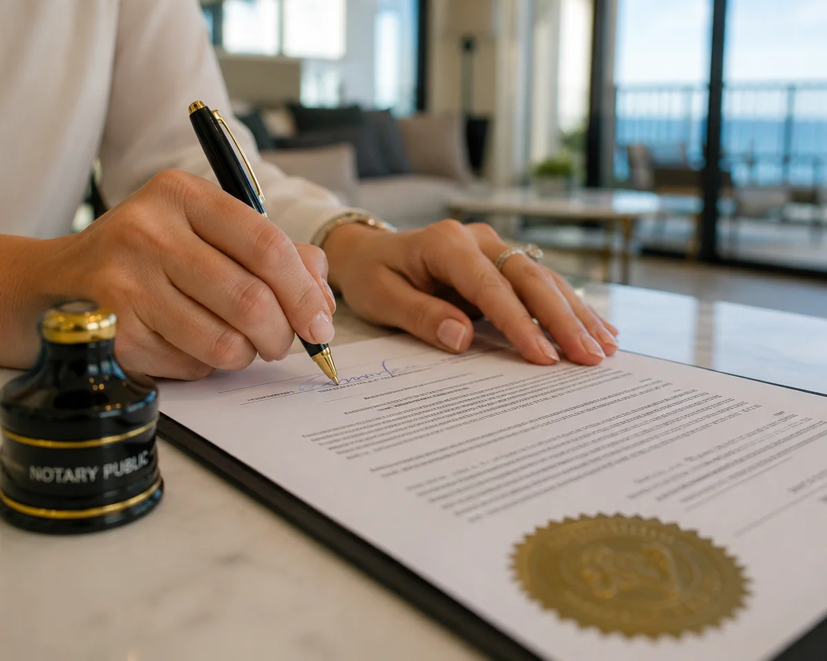Notary verifying identification and completing a document notarization