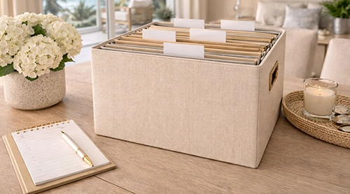 Labeled file box of documents on a desk