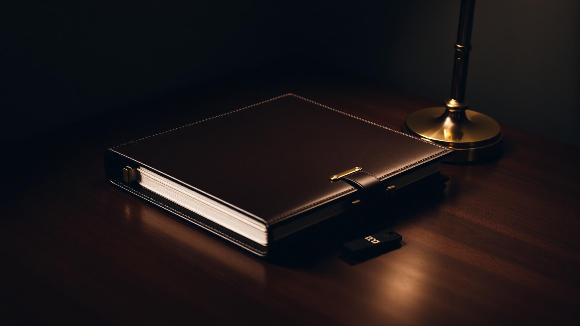 Leather archival binder, brass desk lamp, and encrypted USB drive on a polished walnut desk